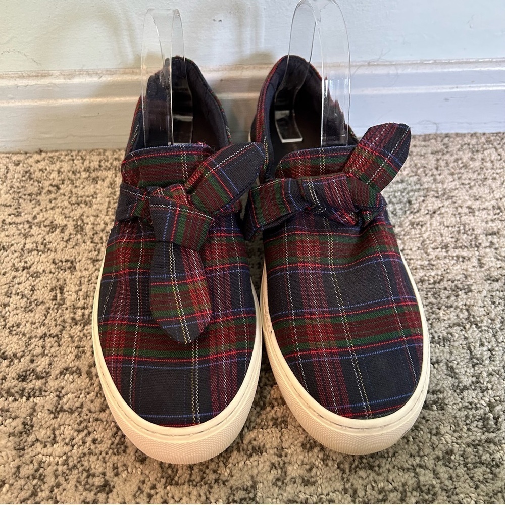 Zara Basic Collection Red & Navy Blue Flannel Bow Slip On Sneakers Size 10